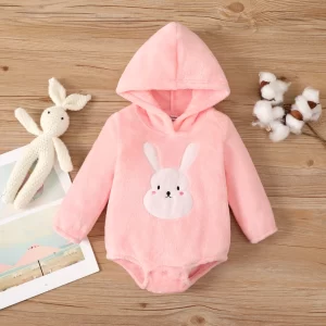 Baby Girl Pink Jumpsuit white Bunny Animal Pattern Hooded Romper