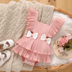 Baby Girl Pink Bow Front Ruffled with White Ribbon Layered Bodysuit Dress