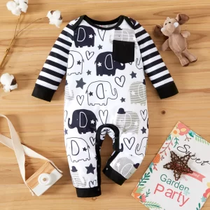 Baby Boy Black Cartoon Elephant Print Striped Long-Sleeve Jumpsuit